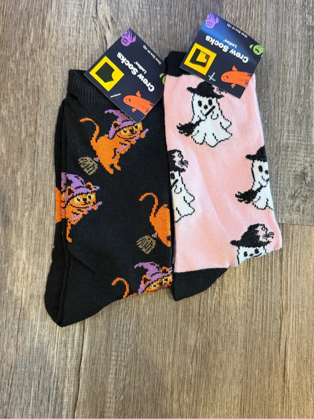 Halloween Cat & Ghost Crew Socks - Pink & Black